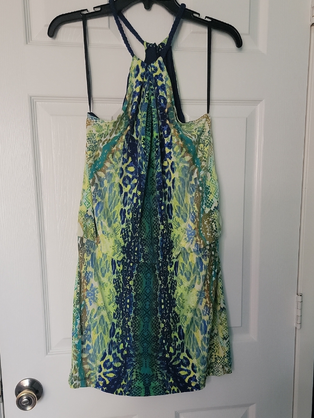 B. Smart Teal and Blue Printed Halter Dress